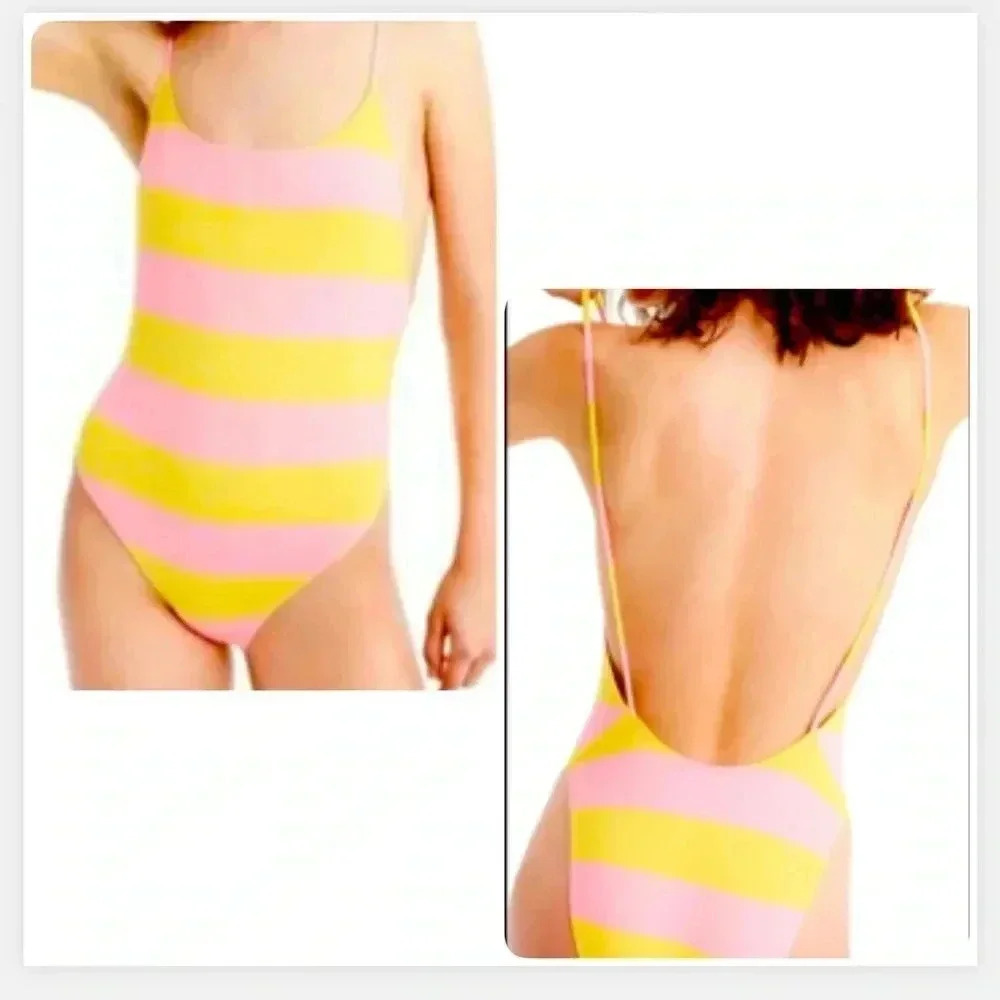 J.CREW CHIC STRIPPED YELLOW‎ AND PINK ONE PIECE SWIM SUIT